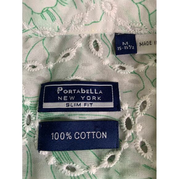 Portabella New York Embroidered Chiffon Men Shirt M Green Floral Boho - Picture 3 of 11